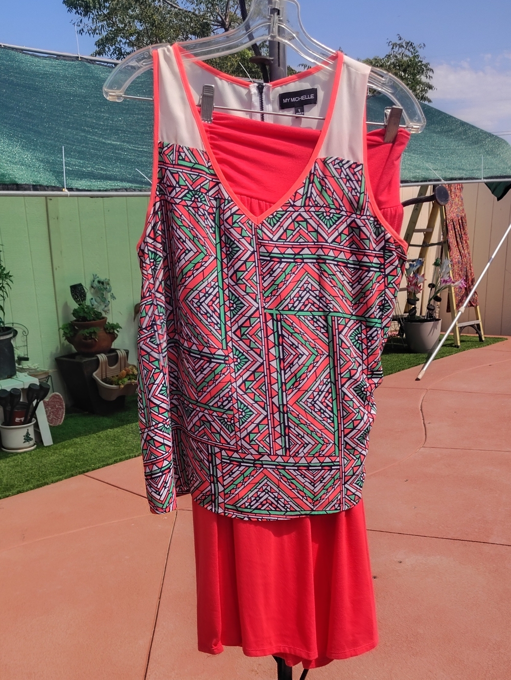 My Michelle Coral Pink Geometric Tank and Solid Dress Set